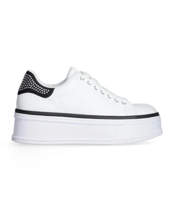 Pantofi sport din piele cu platforma si strasuri, Alb/Negru
