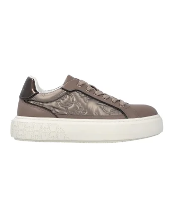 Pantofi sport de piele cu insertii de material textil, Maro inchis/Alb murdar
