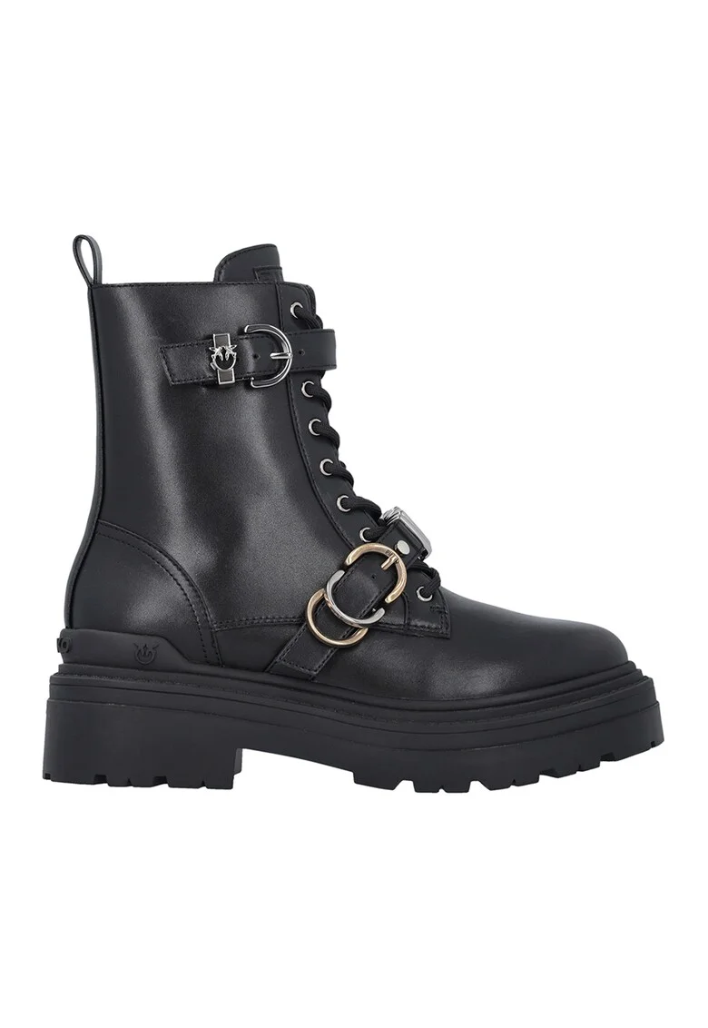 Bocanci de piele si piele ecologica cu design cu catarama, Negru