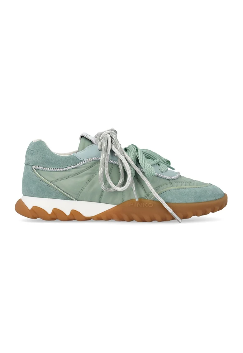 Pantofi sport din piele intoarsa si material textil cu strasuri Gea, Caramel/Alb murdar/Verde feriga