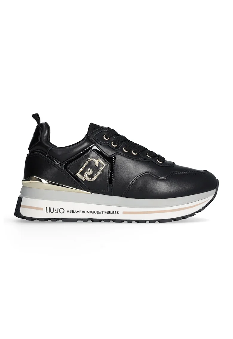 Pantofi sport wedge de piele cu logo, Auriu/Negru