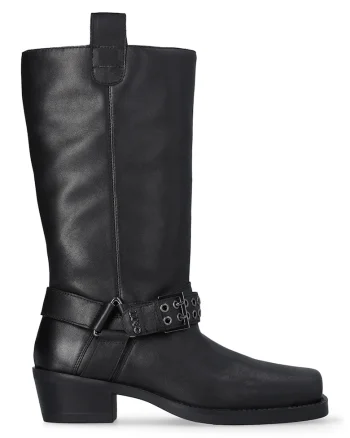 Cizme mid-calf de piele cu varf patrat, Negru
