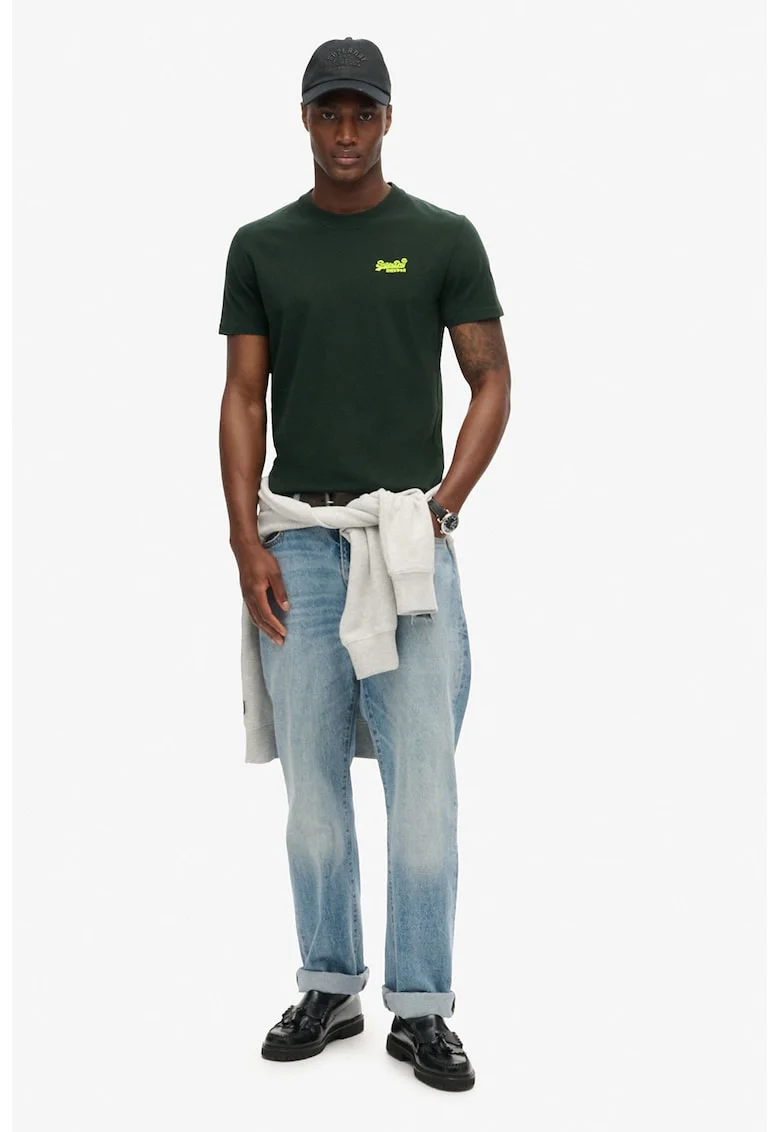 Tricou cu decolteu la baza gatului si logo, Verde inchis