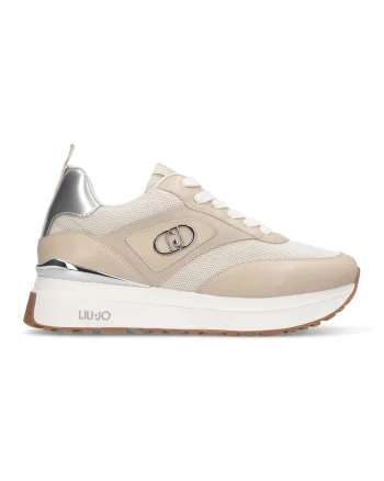 Pantofi sport cu talpa wedge si garnituri din piele, Bej deschis