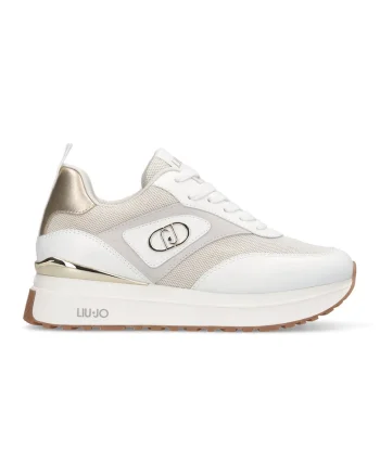 Pantofi sport cu talpa wedge si garnituri din piele, Alb/Bej deschis