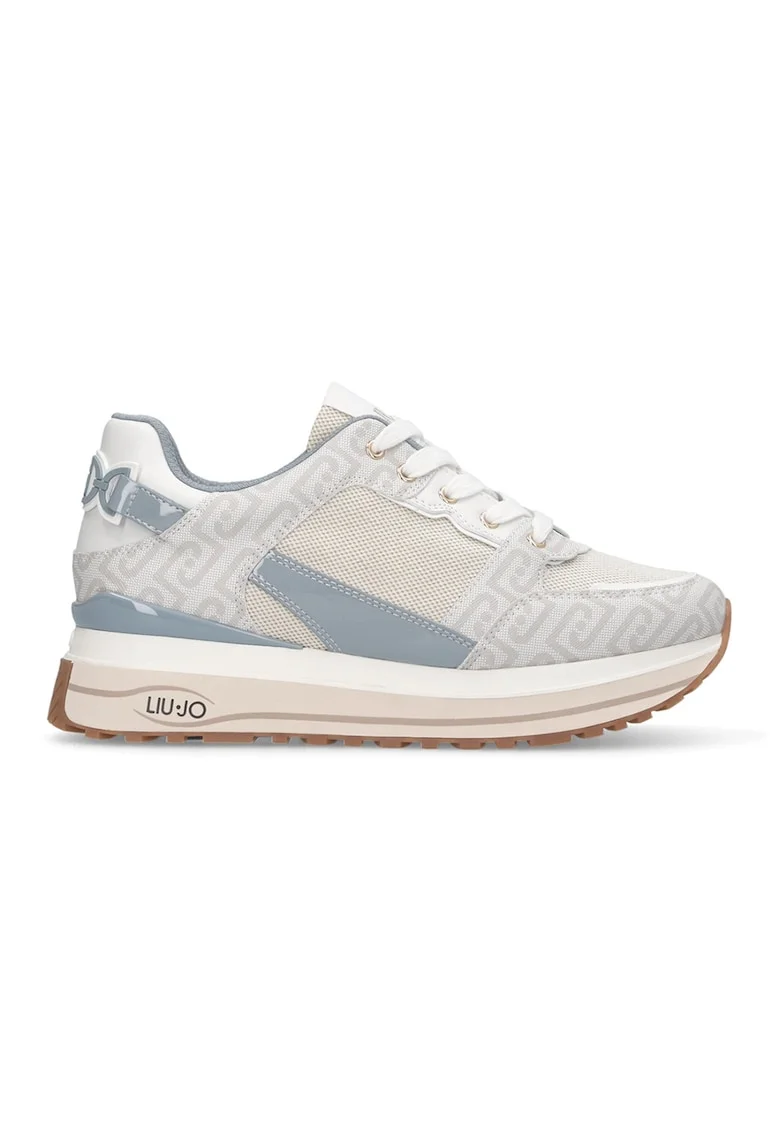 Pantofi sport low-cut cu model monograma, Alb/Albastru prafuit