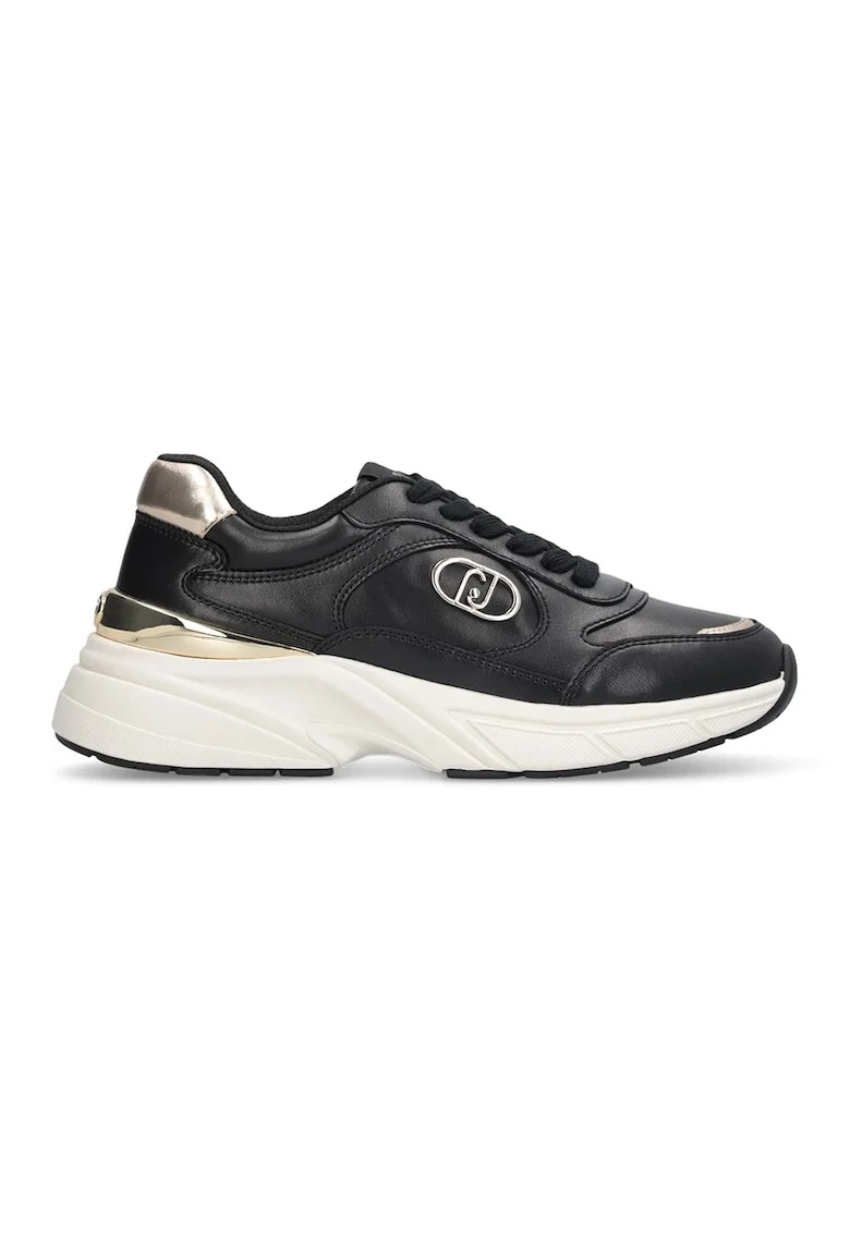 Pantofi sport demiwedge de piele cu detalii metalice, Negru/Alb murdar