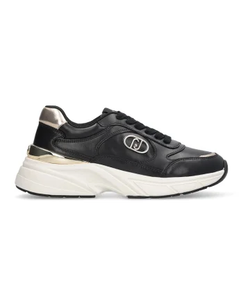 Pantofi sport demiwedge de piele cu detalii metalice, Negru/Alb murdar