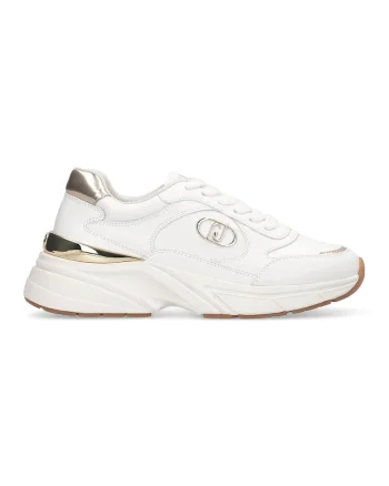 Pantofi sport demiwedge de piele cu detalii metalice, Auriu/Caramel/Alb murdar
