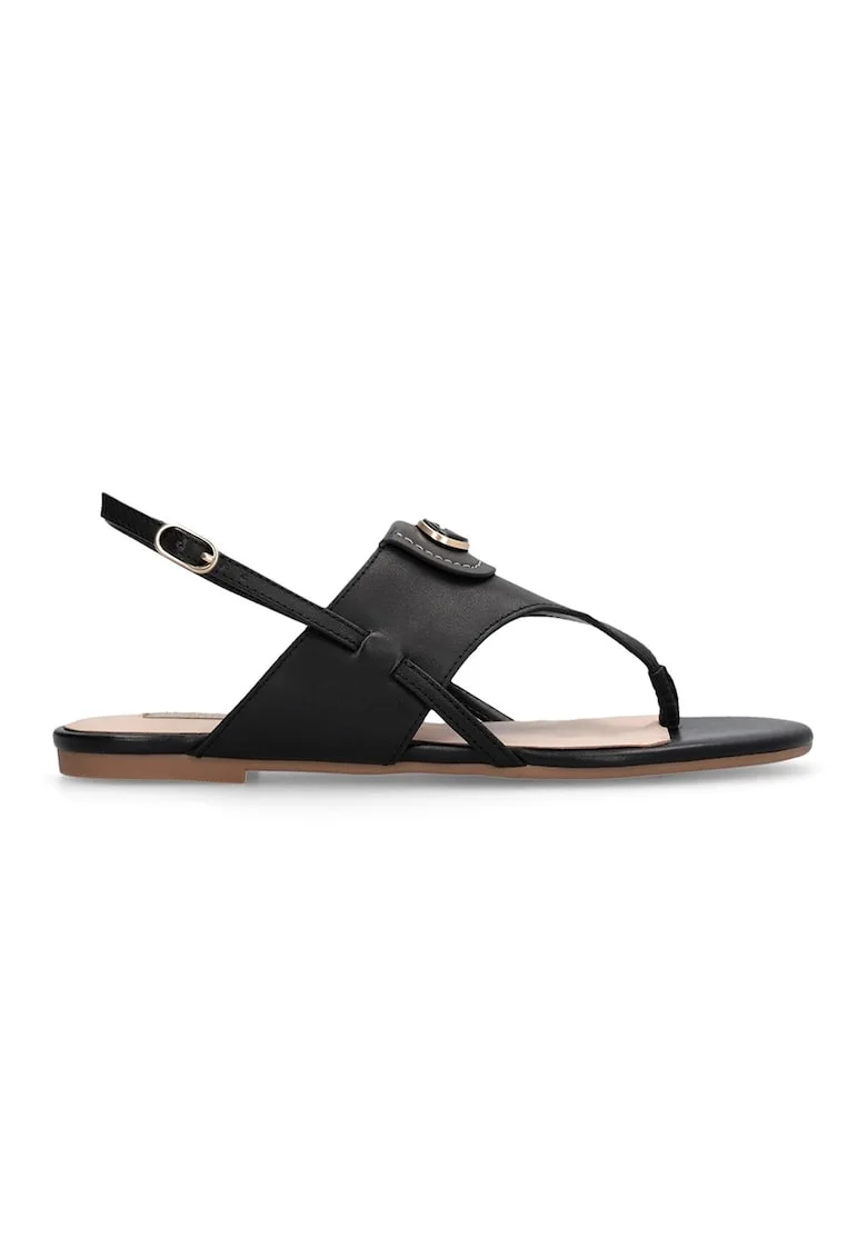 Sandale de piele cu bareta in T si aplicatie monograma metalica, Negru/Bej deschis