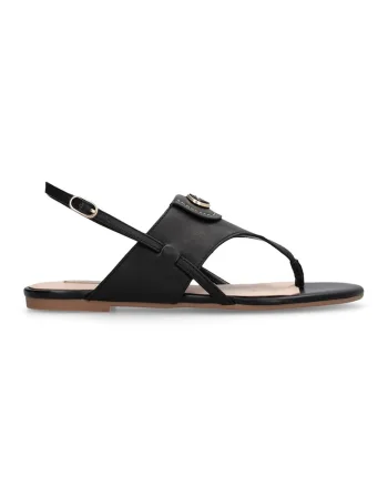 Sandale de piele cu bareta in T si aplicatie monograma metalica, Negru/Bej deschis