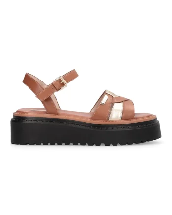 Sandale wedge de piele Bessie 01, Auriu/Negru/Caramel