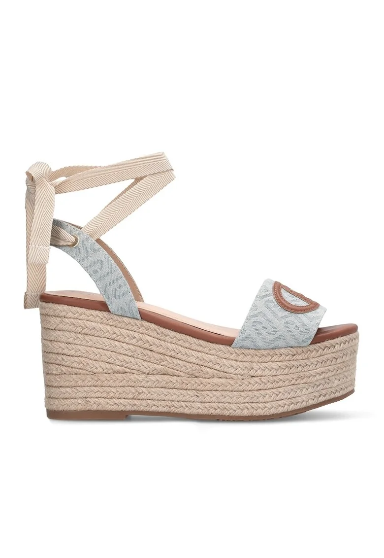 Sandale-espadrile din material textil cu inchider cu funda din panglici, Caramel/Albastru deschis