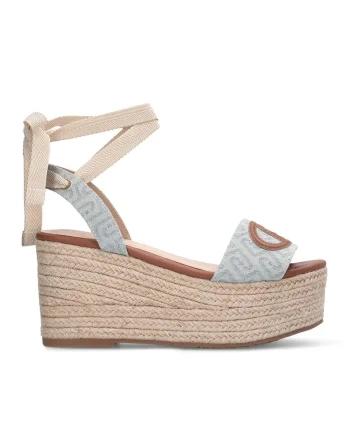 Sandale-espadrile din material textil cu inchider cu funda din panglici, Caramel/Albastru deschis
