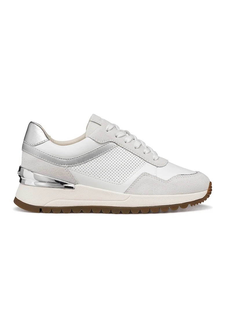 Pantofi sport din piele si piele intoarsa cu talpa wedge, Crem/Argintiu