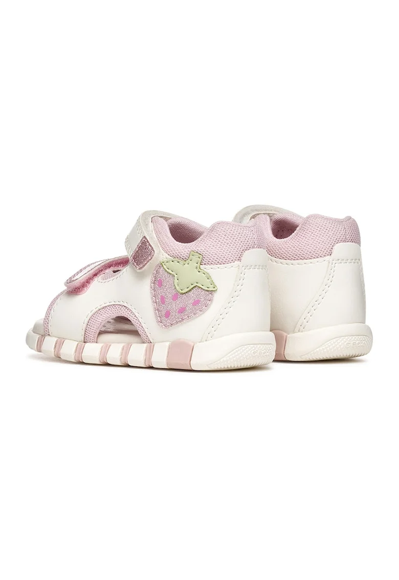 Sandale cu velcro si aplicatii capsune, Alb fildes/Roz pastel