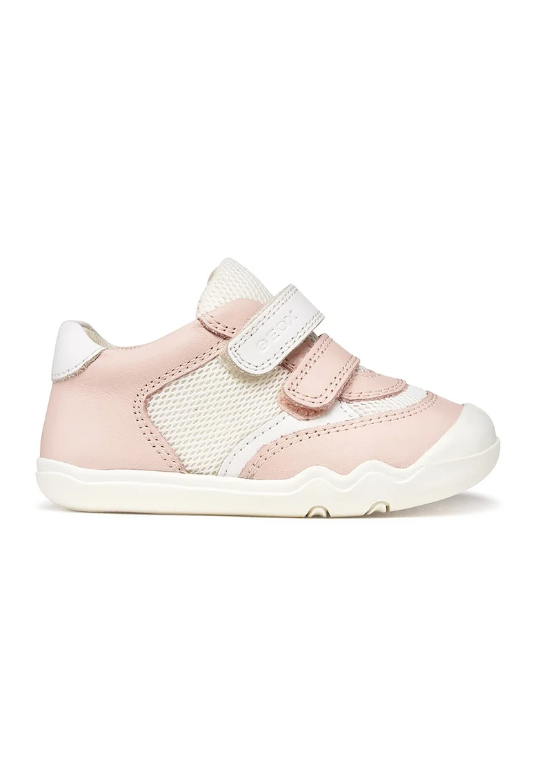 Pantofi sport cu piele nappa si velcro, Roz prafuit deschis/Alb murdar