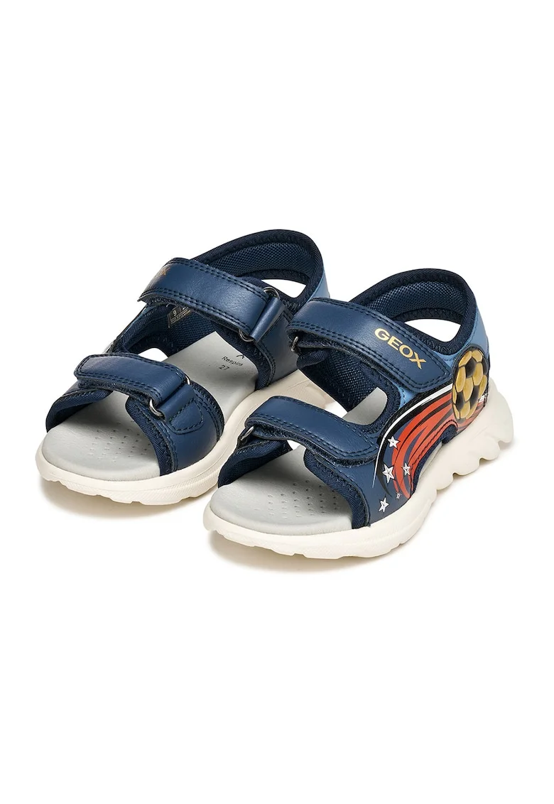 Sandale din piele ecologica cu velcro, Auriu/Rosu corai/Bleumarin