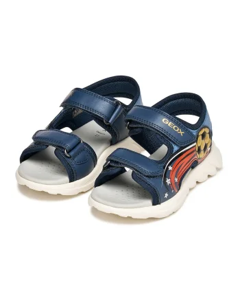 Sandale din piele ecologica cu velcro, Auriu/Rosu corai/Bleumarin