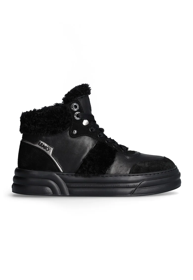 Pantofi sport mid-high de piele si piele intoarsa cu garnituri de blana sheraling sintetica, Negru