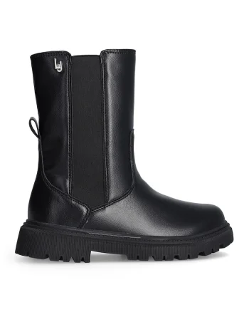 Cizme mid-calf de piele ecologica cu segmente din material textil, Negru