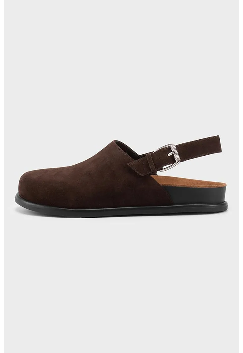 Saboti slingback din piele intoarsa, Maro inchis