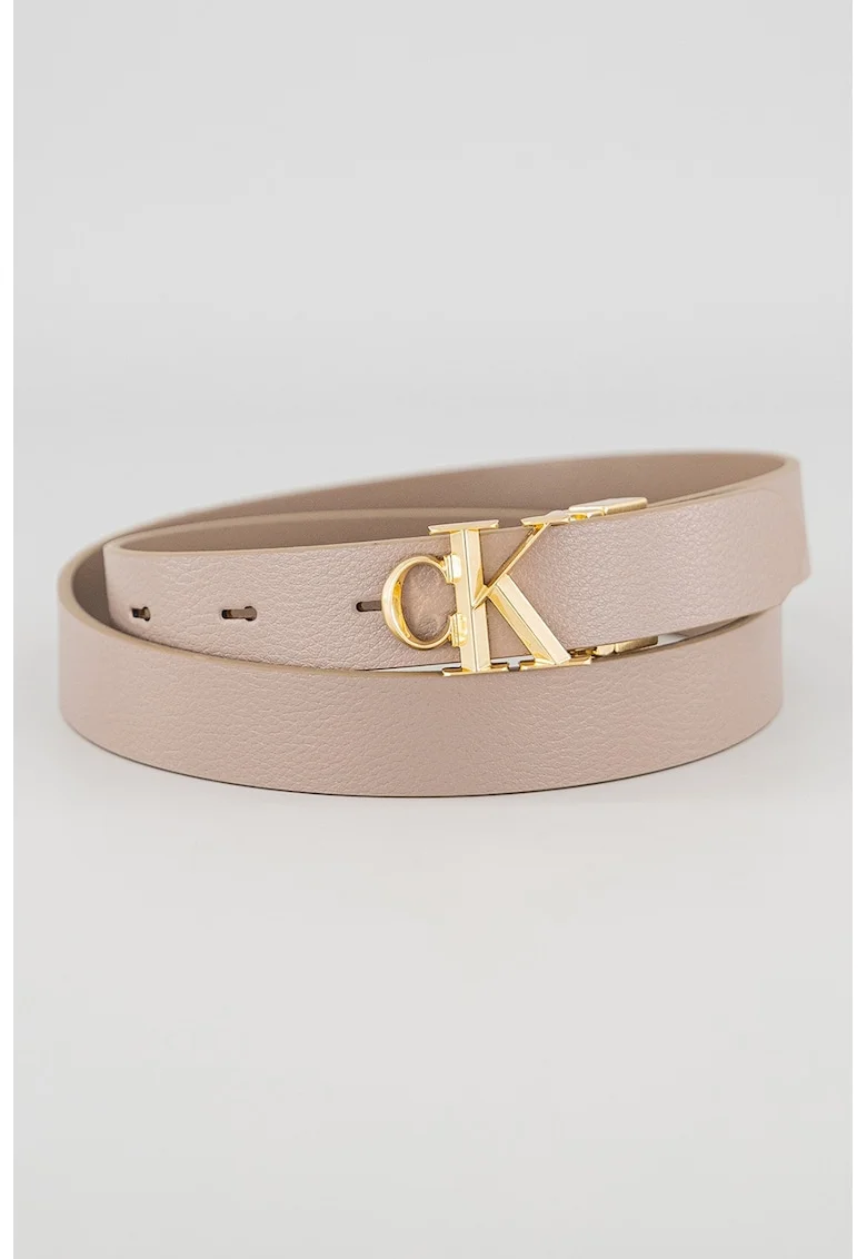 Curea de piele cu catarama cu logo metalic, Maro taupe deschis