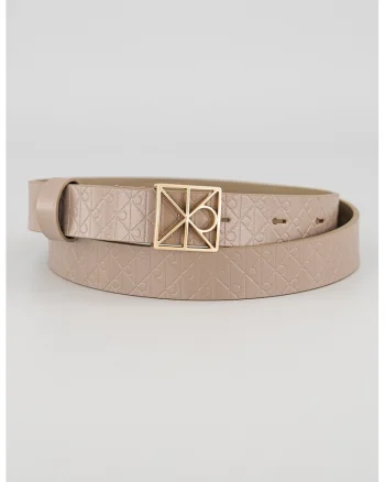 Curea de piele cu catarama cu logo, Maro taupe deschis