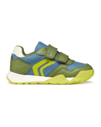 Pantofi sport cu insertii din material textil si inchidere velcro, Kaki inchis/Albastru