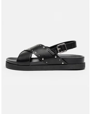 Sandale slingback din piele ecologica cu tinte, Negru