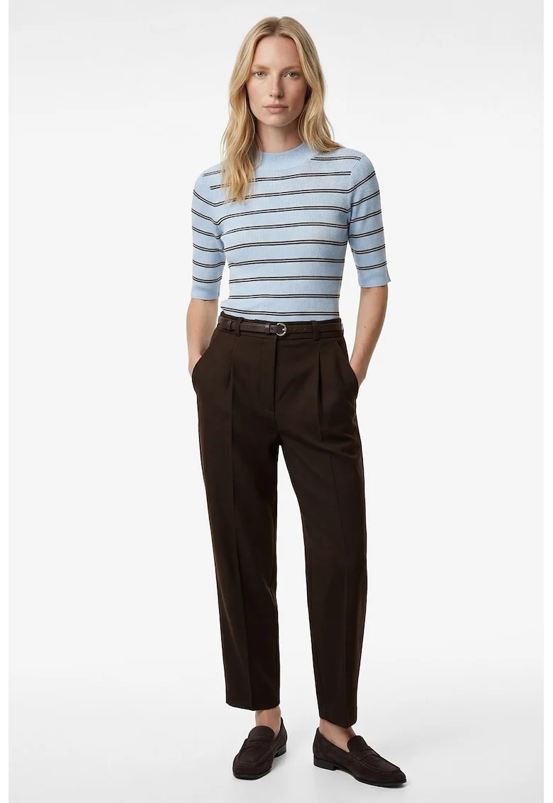 Pantaloni crop cu talie inalta si curea, Maro pamantiu