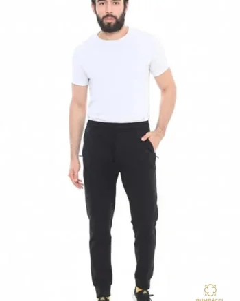 Pantaloni sport cu siret si manseta elastica, din bumbac, pentru barbati, Negru