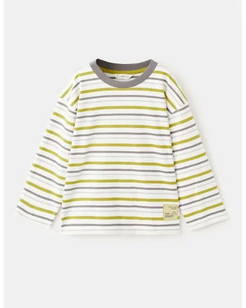 Bluza cu model in dungi si maneci cazute, Alb/Gri/Verde lime
