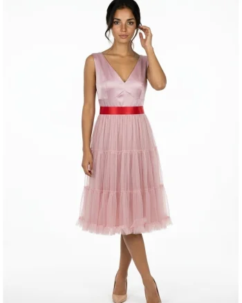 Rochie midi din tul si tafta Francisca, Roz deschis
