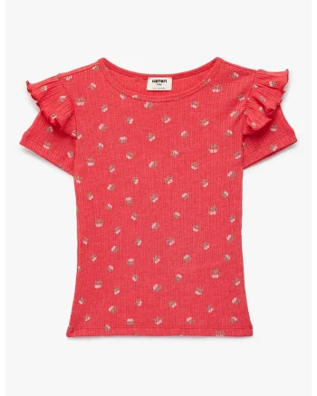 Tricou striat cu maneci cu volane, Rosu