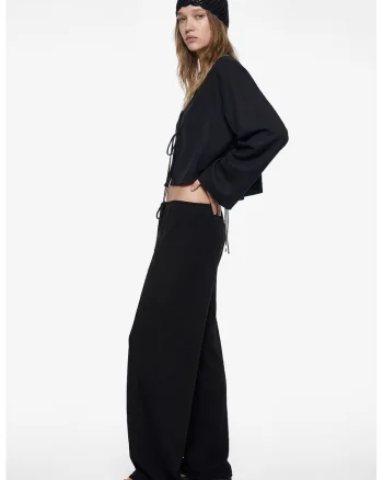 Pantaloni cu croiala ampla si talie ajustabila, Negru