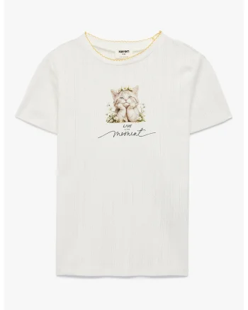 Tricou striat cu imprimeu pisica, Alb murdar