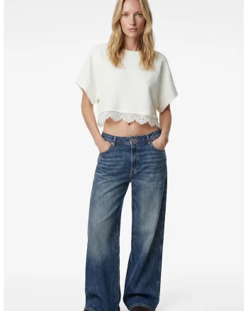 Tricou crop cu model texturat, Alb murdar