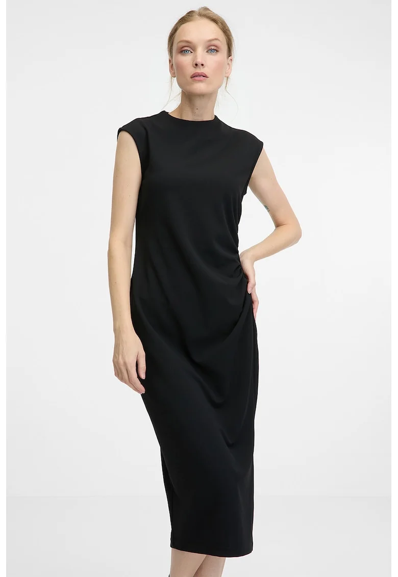 Rochie cu maneci scurte si slit lateral, Negru