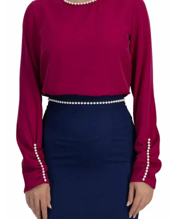 Bluza la baza gatului cu detalii din perle artificiale, Fucsia