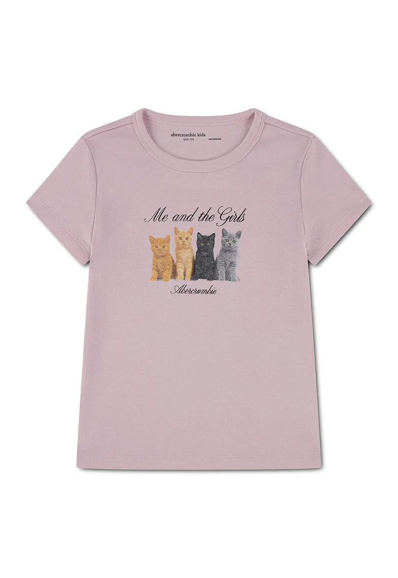 Tricou cu imprimeu pisica, Gri/Maro camel/Roz stins