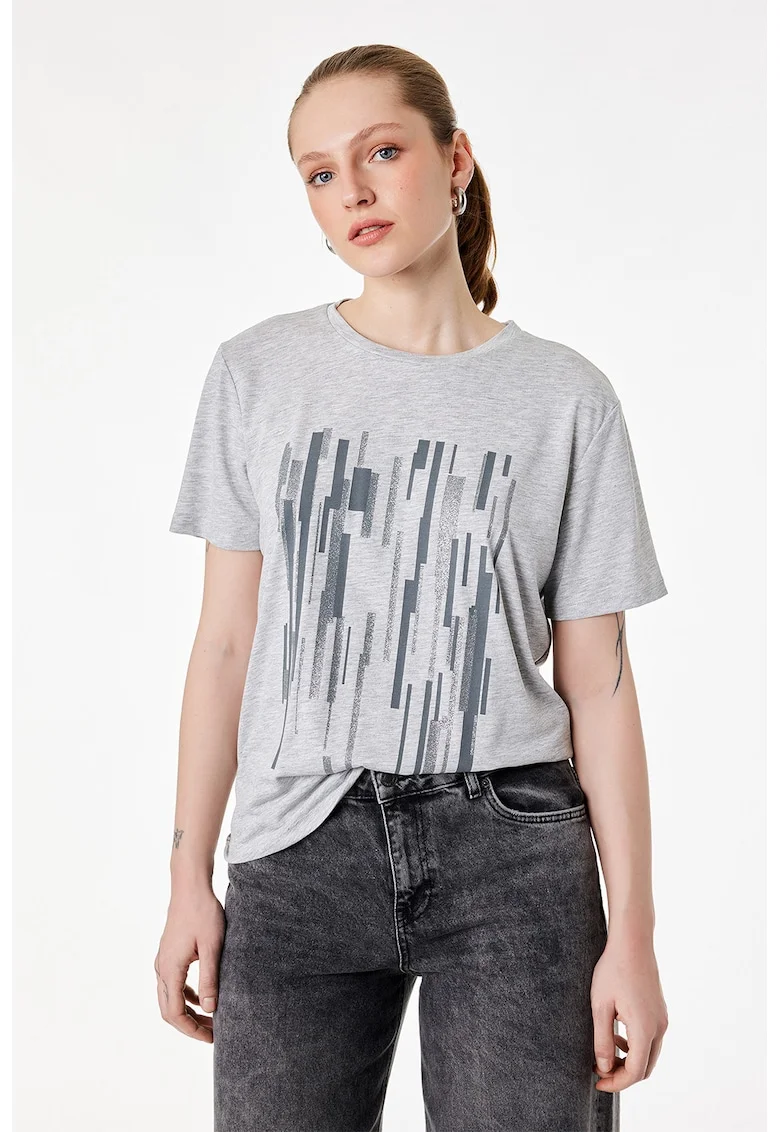 Tricou cu decolteu la baza gatului si imprimeu grafic, Gri deschis