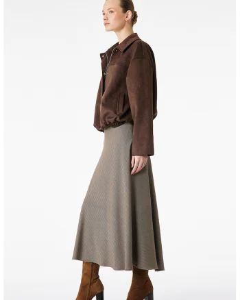 Fusta midi cu croiala pe bie si model herringbone, Maro taupe