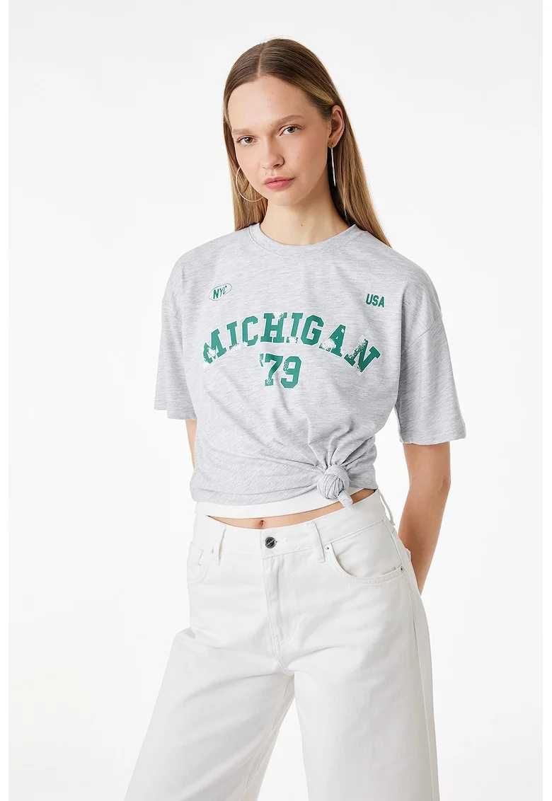 Tricou din amestec de bumbac cu imprimeu text, Alb