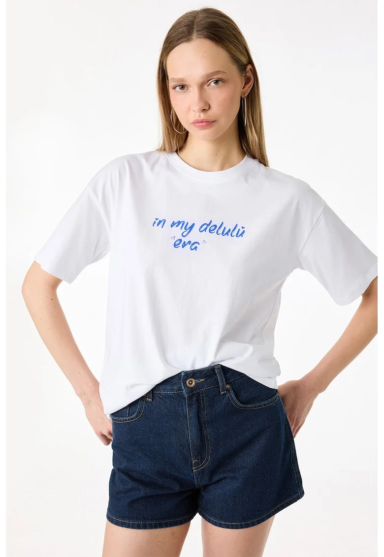 Tricou cu decolteu la baza gatului si imprimeu text, Alb murdar