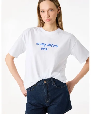 Tricou cu decolteu la baza gatului si imprimeu text, Alb murdar
