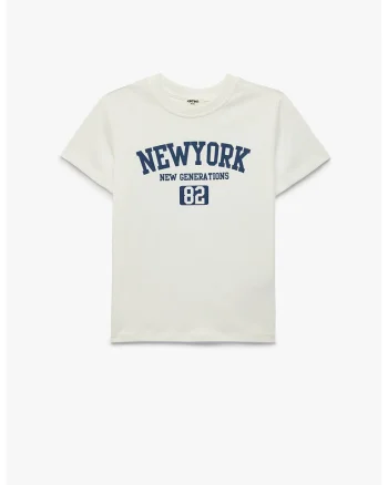 Tricou cu imprimeu text, Alb fildes/Albastru