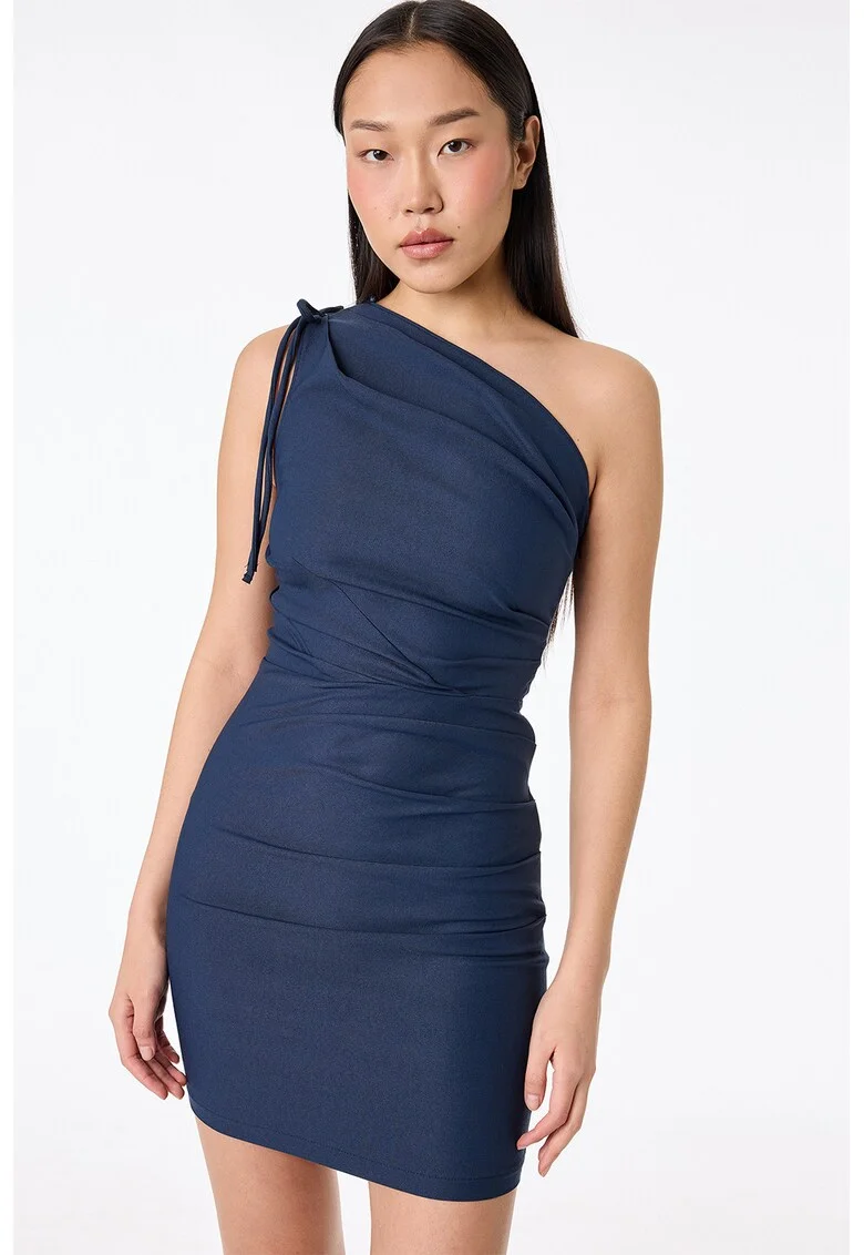 Rochie mini slim fit cu decolteu pe un umar, detaliu drapat si funda, Albastru petrol