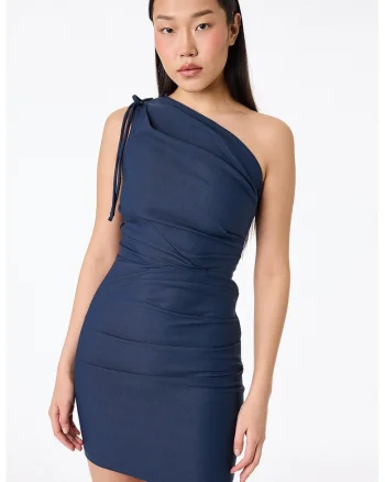 Rochie mini slim fit cu decolteu pe un umar, detaliu drapat si funda, Albastru petrol