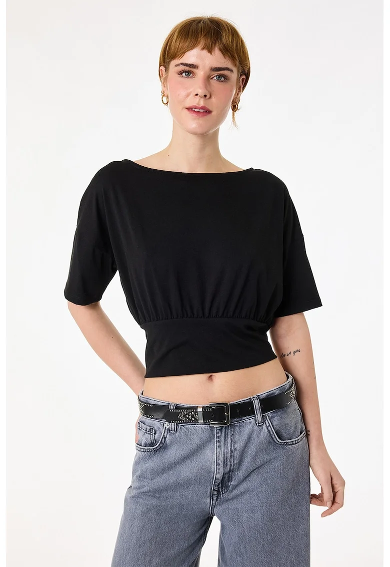 Tricou crop cu maneci cazute si talie elastica, Negru